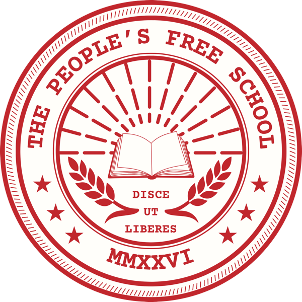 The People's Free School seal: an open book beneath a rising sun, framed by laurels and the motto Disce ut Liberes, learn so that you may free